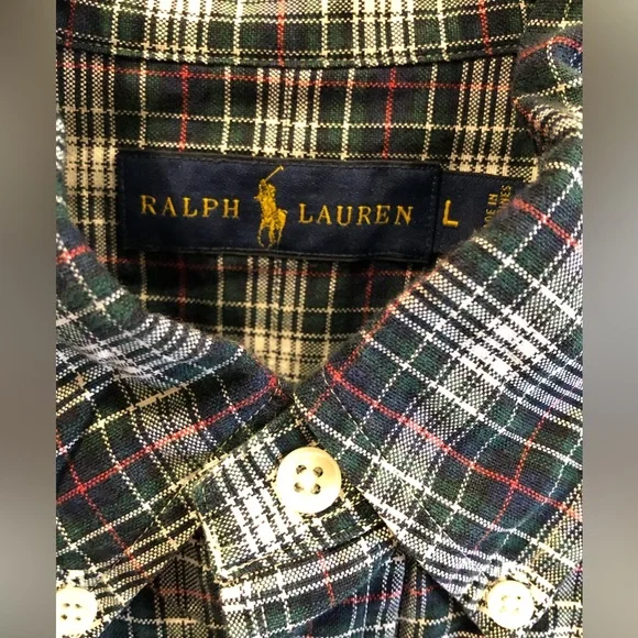 RALPH LAUREN Men’s Navy Green Red White Plaid Long Sleeve Button Down Shirt Sz L